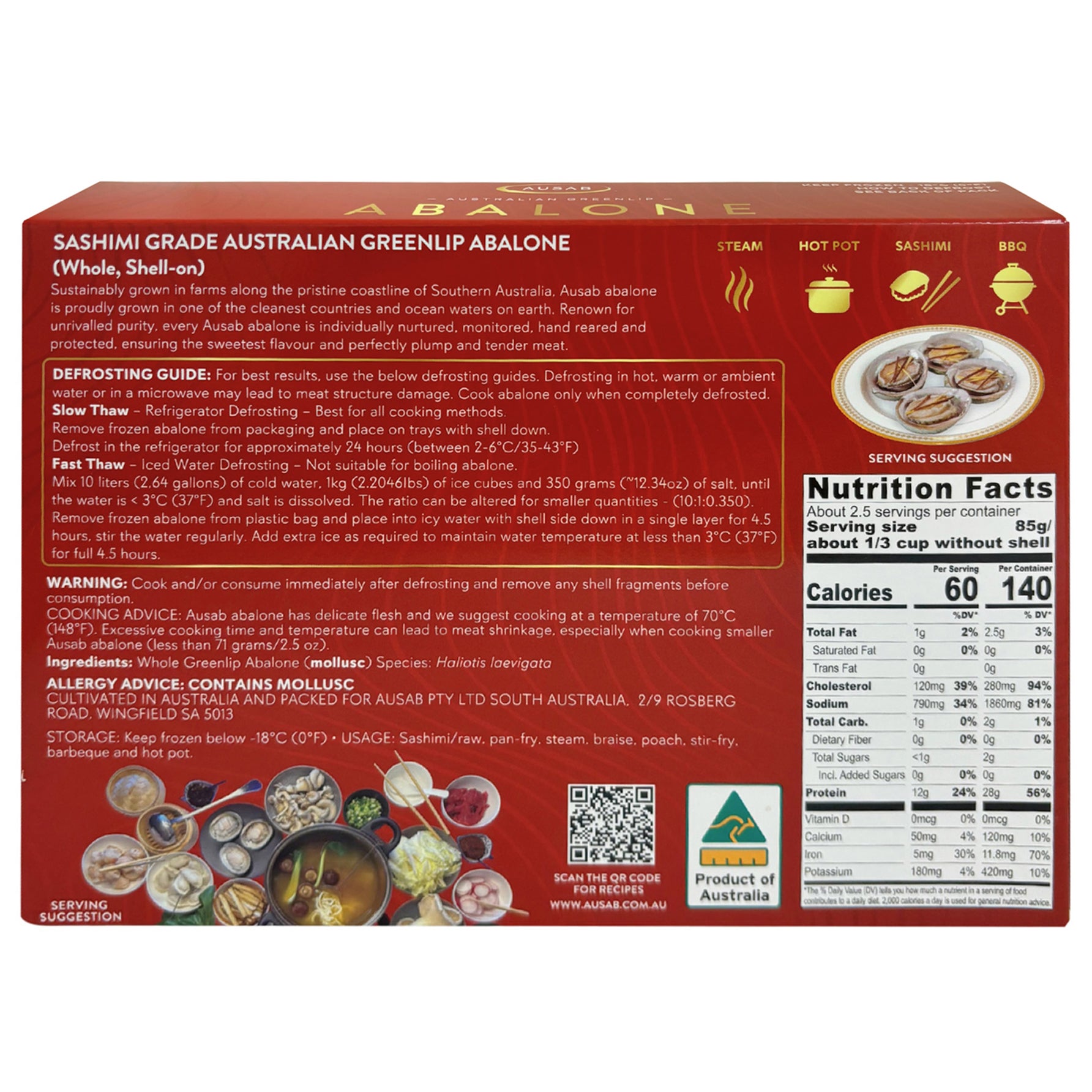 Ausab Australian Greenlip Whole Abalone, Shell-On, 23.5 oz, 9 ct