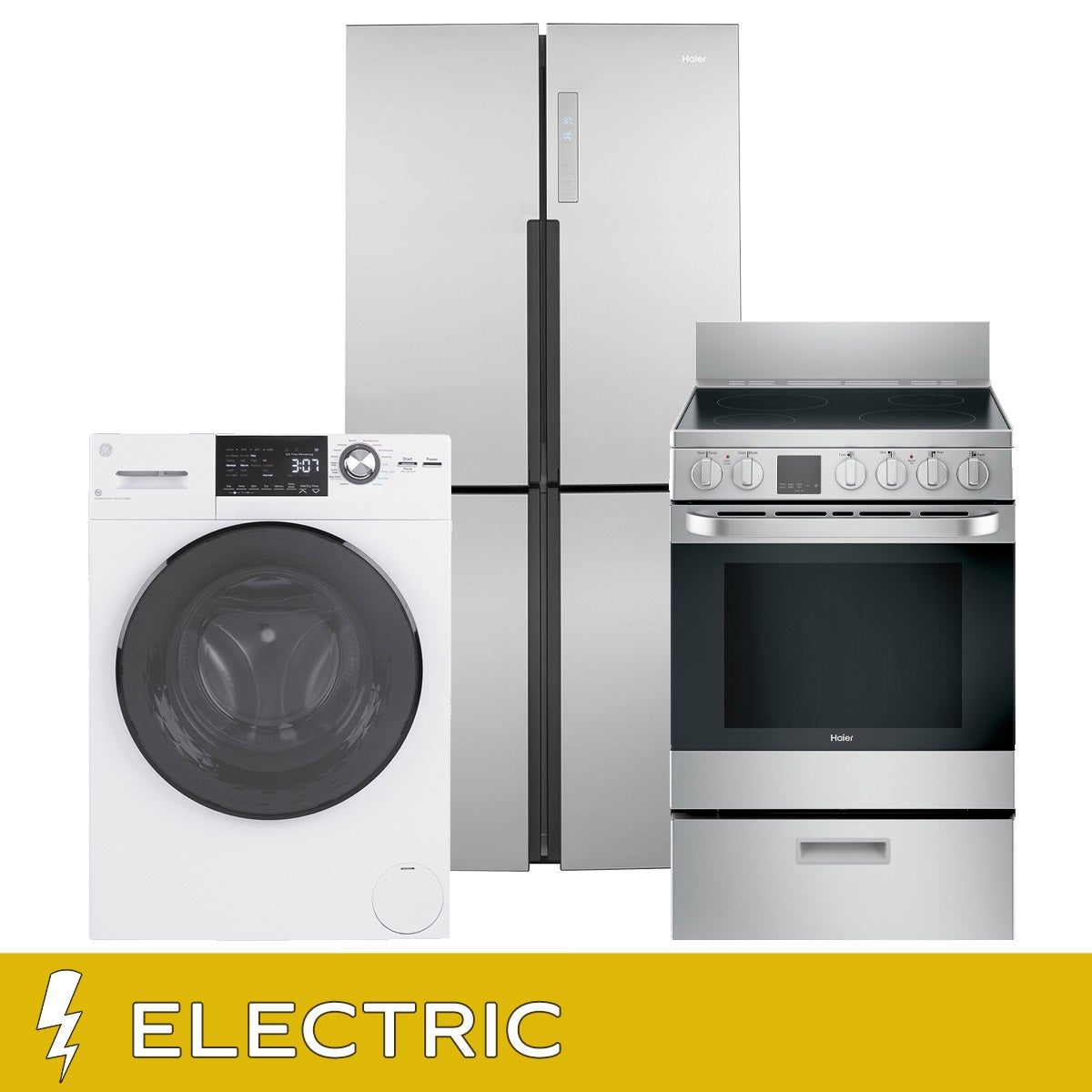 GE 3-piece ELECTRIC Compact Living Package with Haier Refrigerator and Range and GE All-in-one Laundry