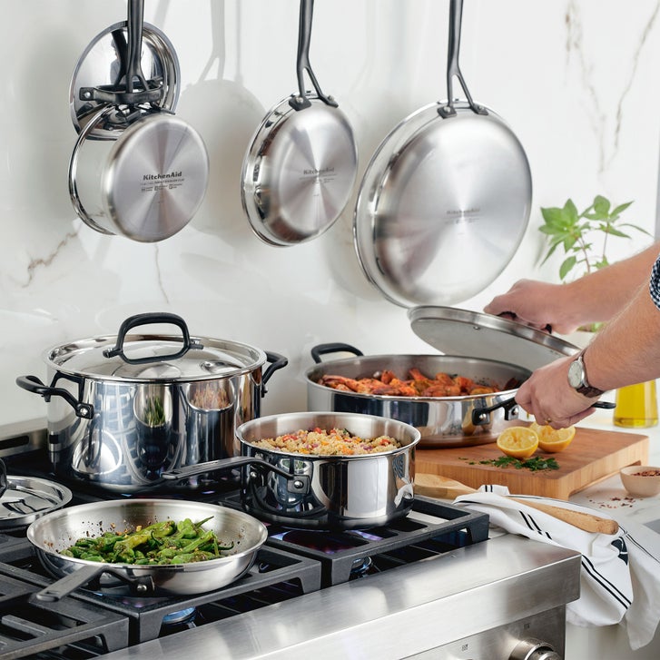 KitchenAid 11-piece 5-ply Clad Stainless Steel Cookware Set | Costco