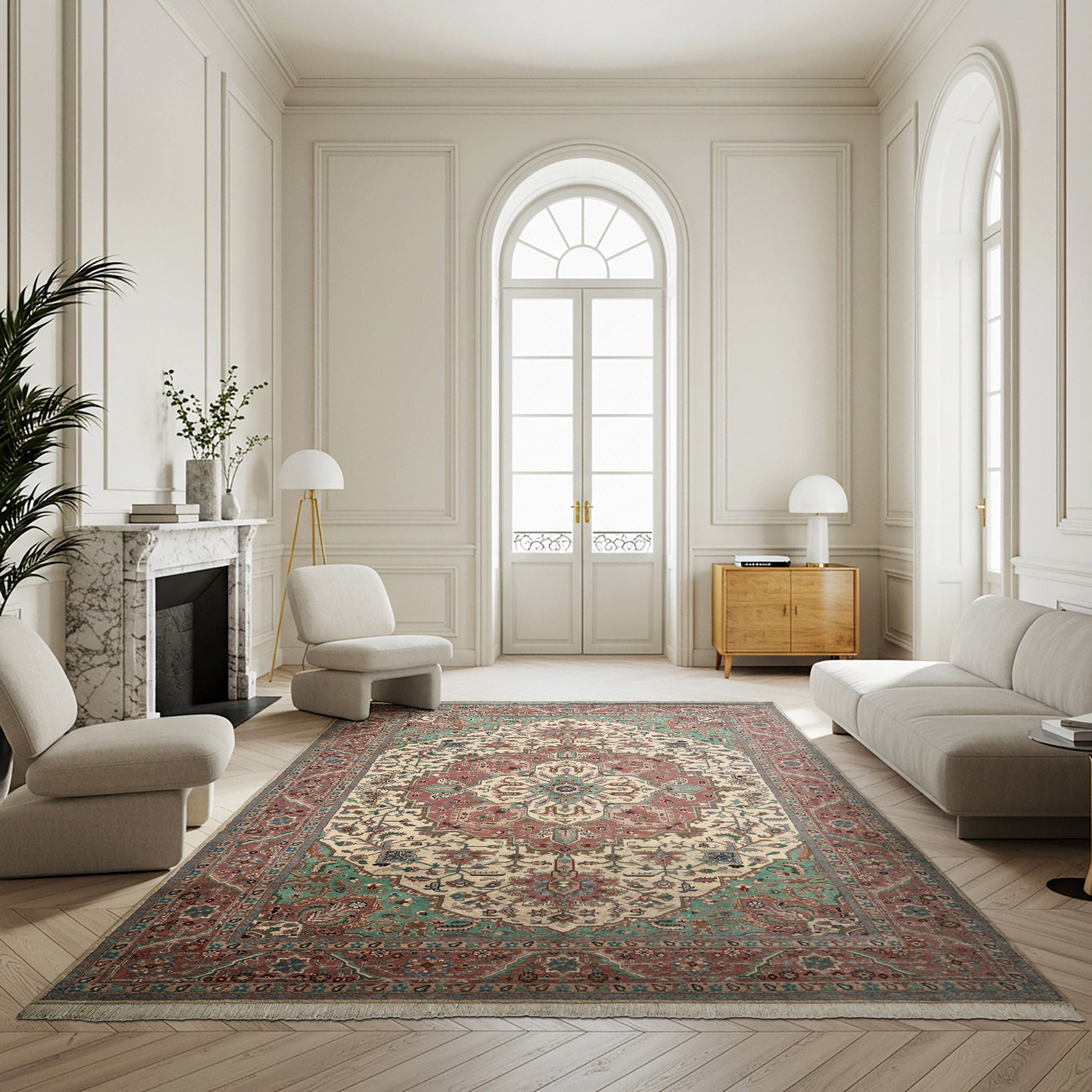 Chatsworth Hand Knotted Rug Collection, Indo Herez Ivory Rose