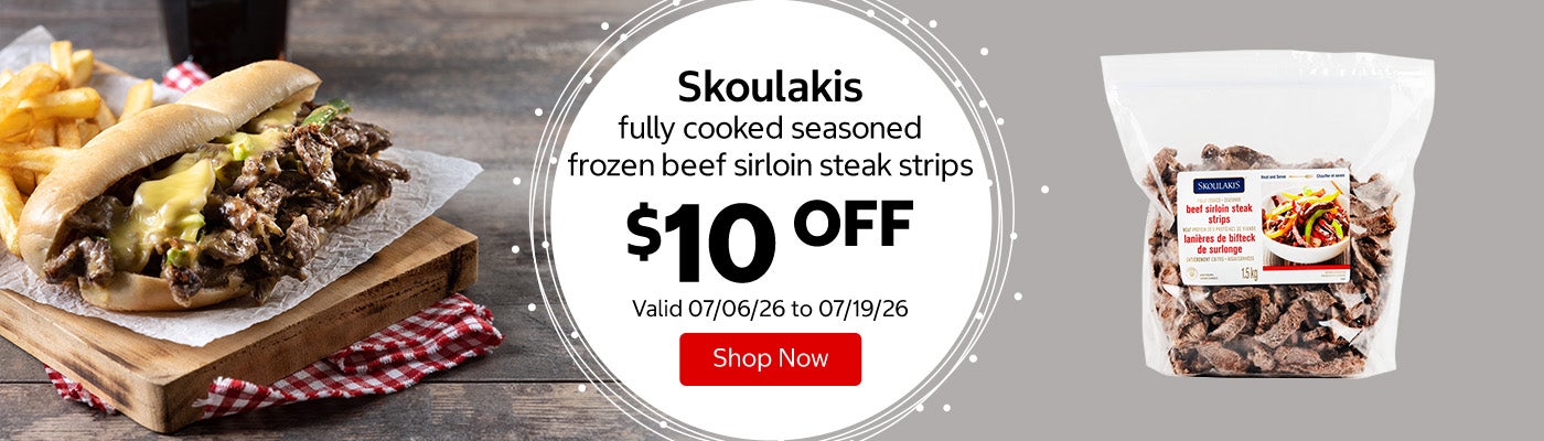 Skoulakis fully cooked seasoned frozen beef sirloin steak strips $10 OFF Valid 07/06/26 to 07/19/26 Shop Now 