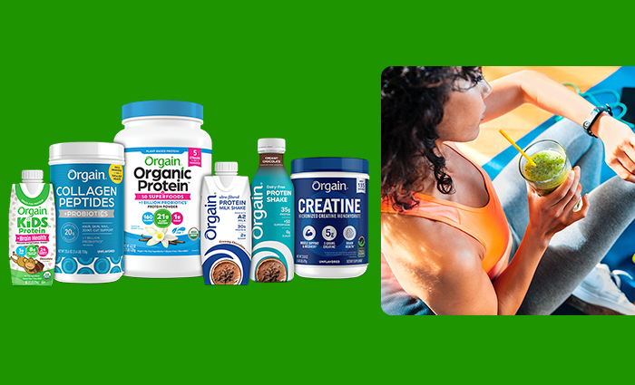 Orgain protein products on the left and a woman drinking a smoothie on the right