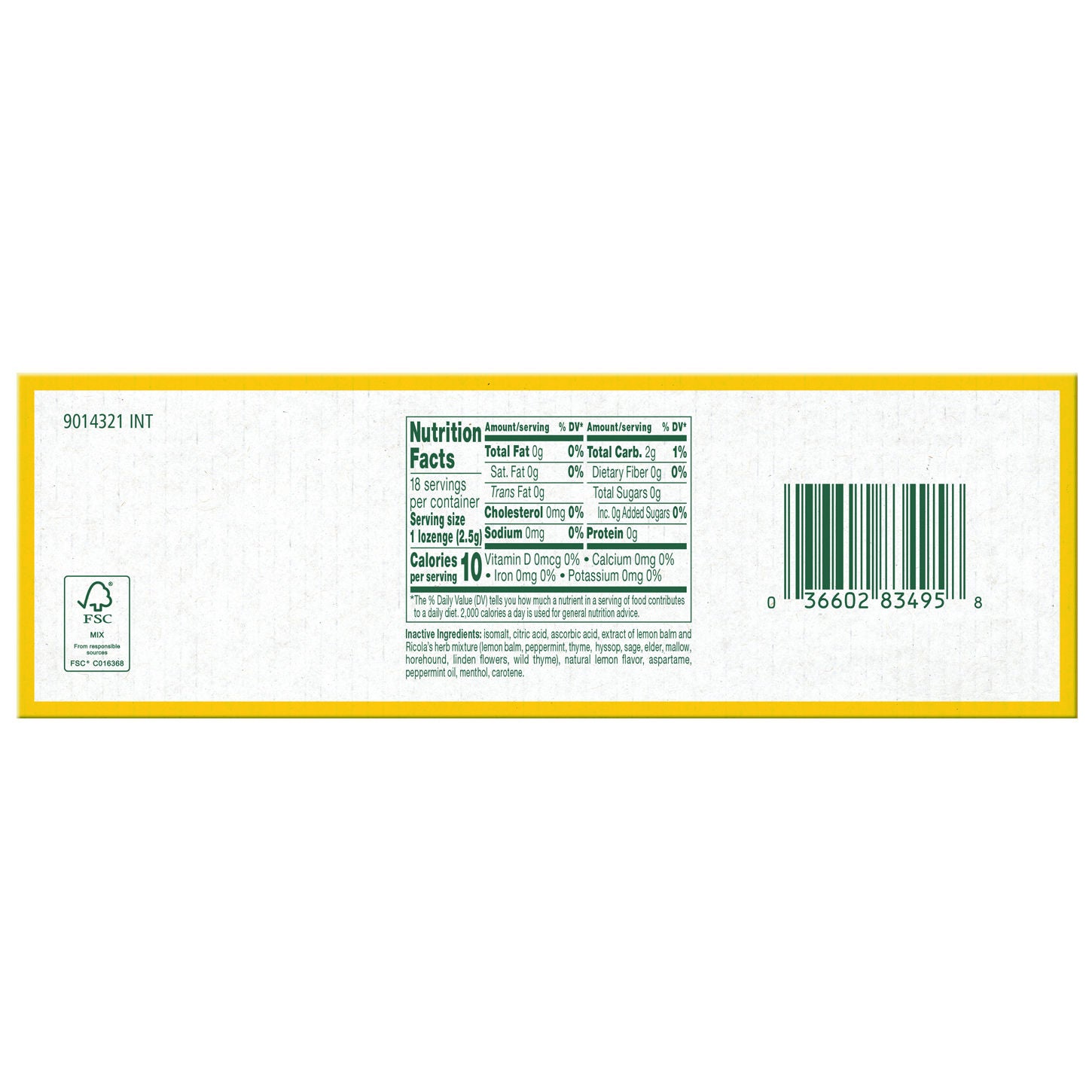 Ricola Sugar Free Lemon Mint Throat Drops Box, 18 Drops, 10 ct