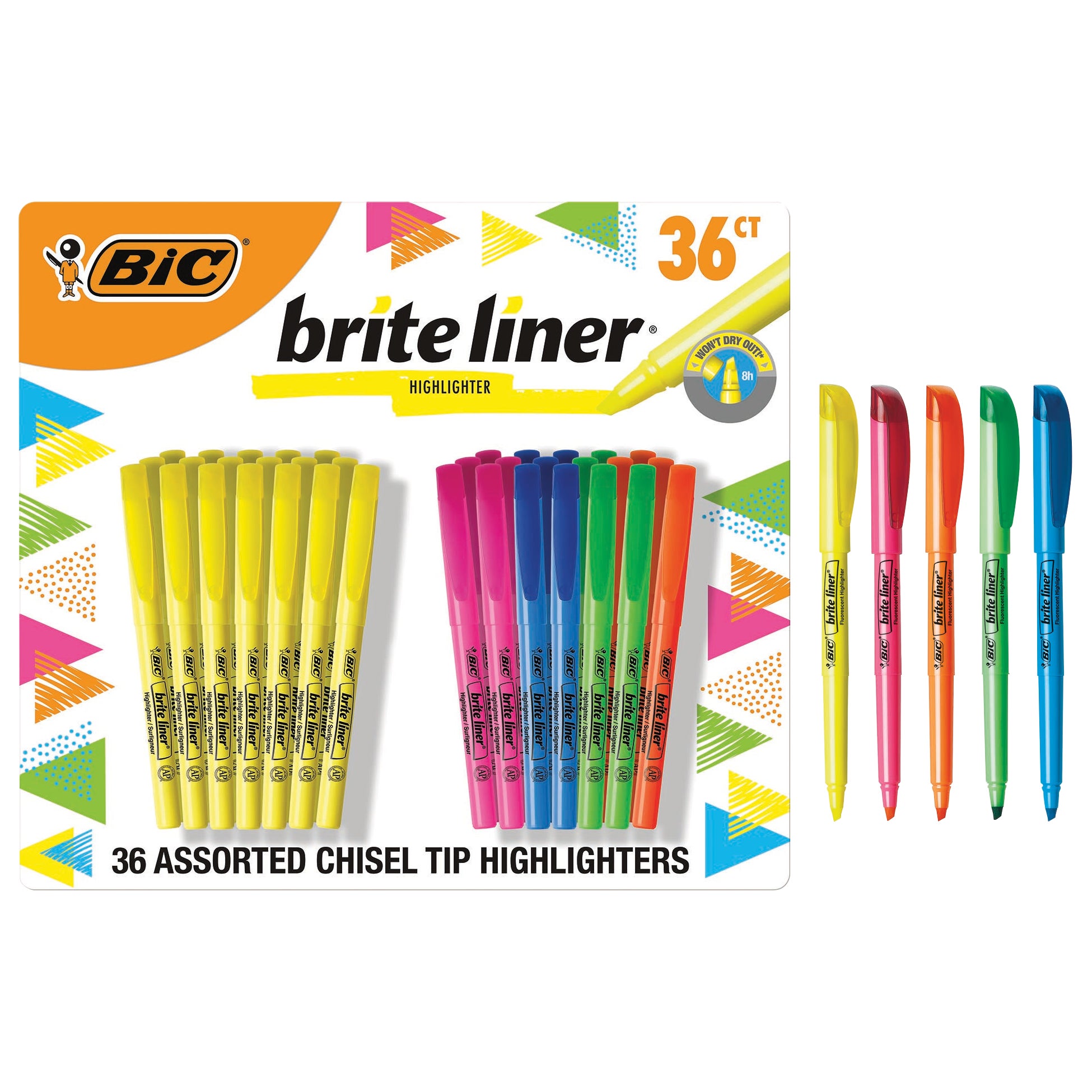 BIC Brite Liner Highlighter, Chisel Tip, Assorted Colors, 36 ct