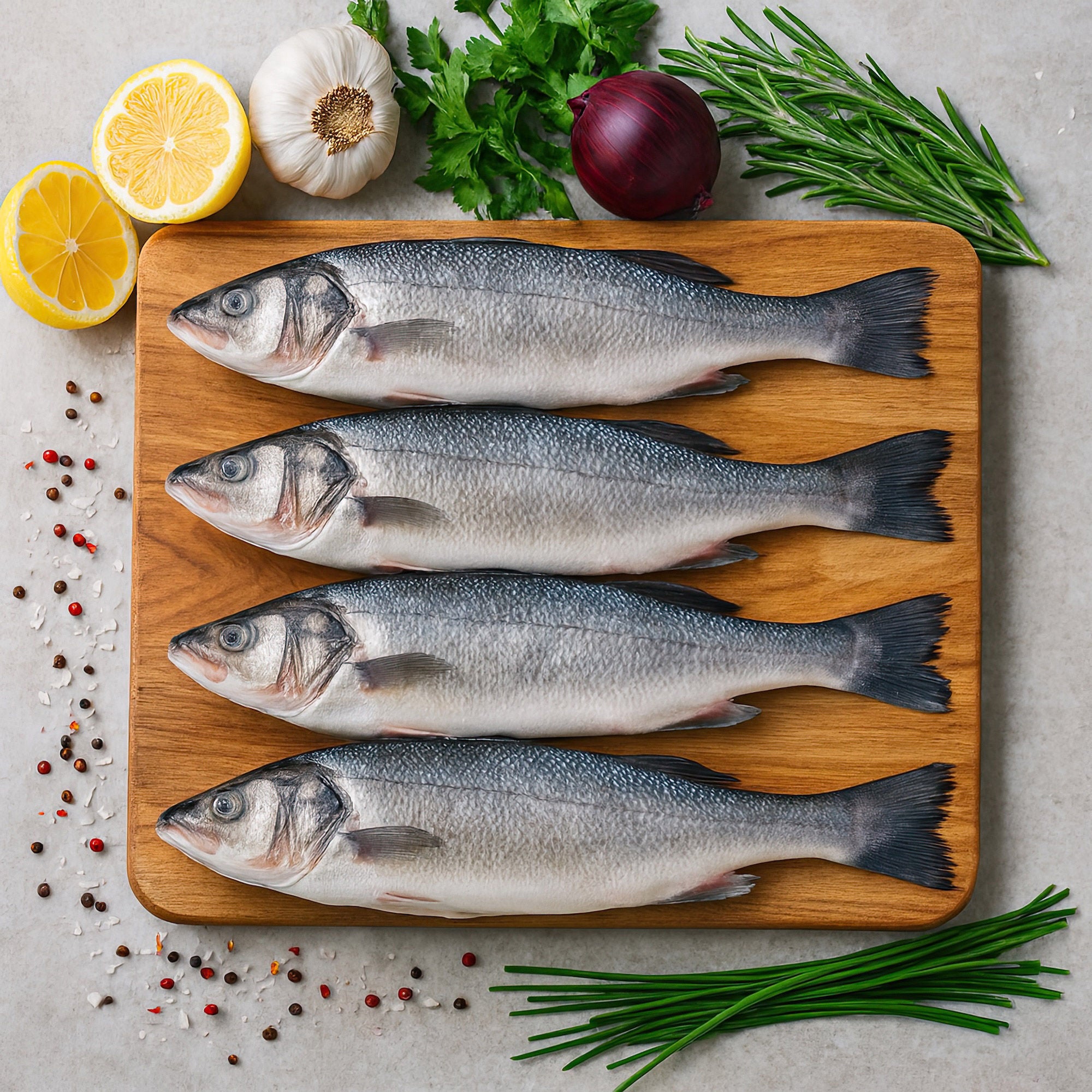 Whole Head On, Cleaned Branzino Fish (12-18 Oz. Per Fish), Min 7 Count, 10 Lbs. Total