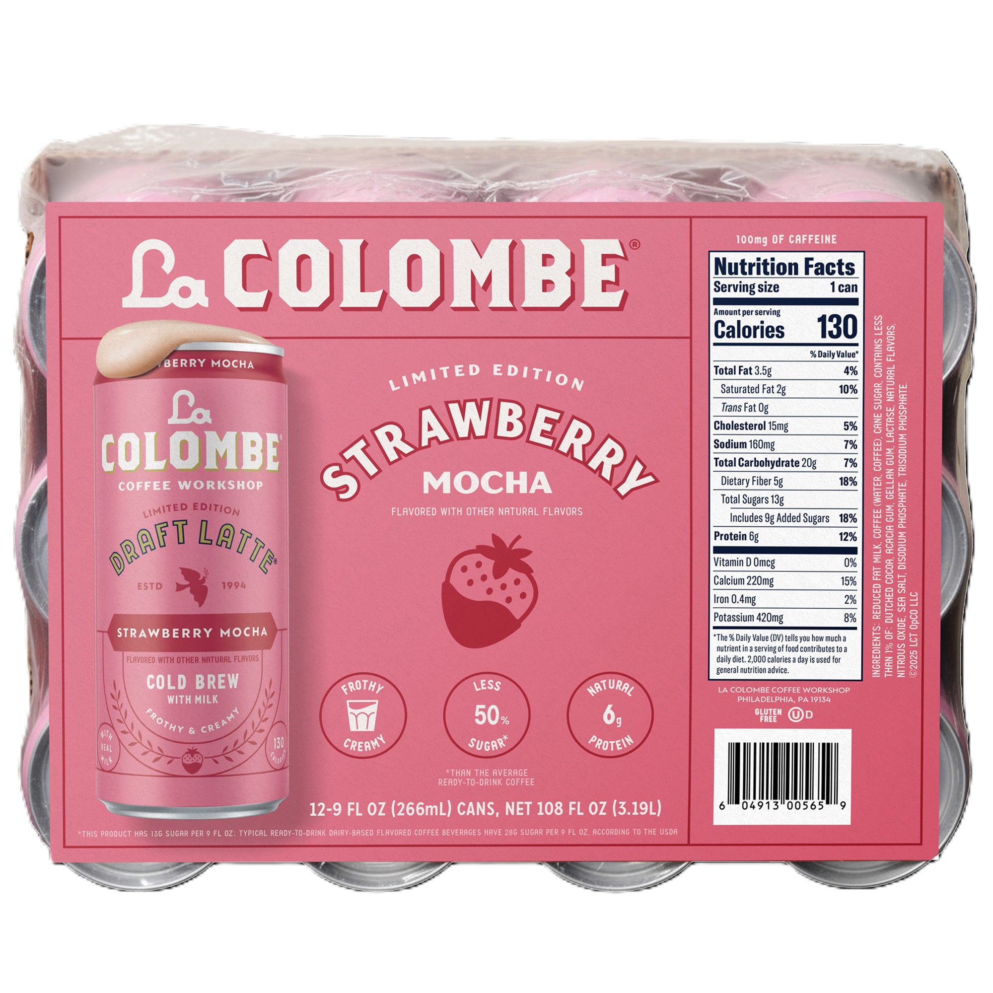 La Colombe Draft Latte Cold Brew with Milk, Strawberry Mocha, 9 oz