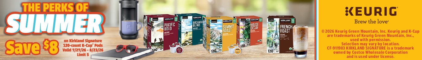 SAVE $8 on Kirkland Signature Organic Summit Roast, Pacific Bold, Breakfast Blend, House Decaf Coffee, Keurig K-Cup Pods, 120 ct