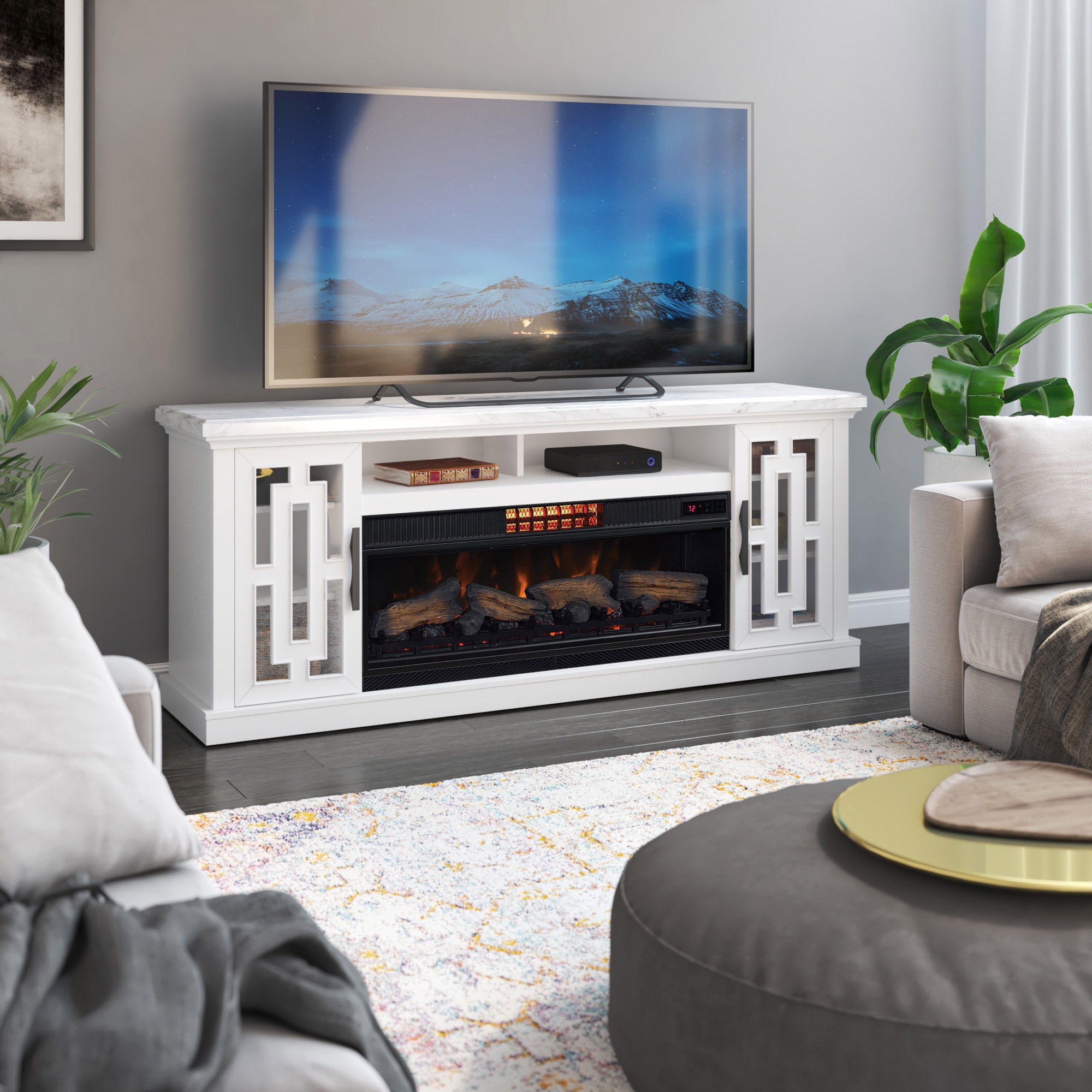 LEDライト付き 2連スナックトレイ バー KTV 演出用 Tresanti Kerrigan TV Console with ClassicFlame CoolGlow 2-in-1