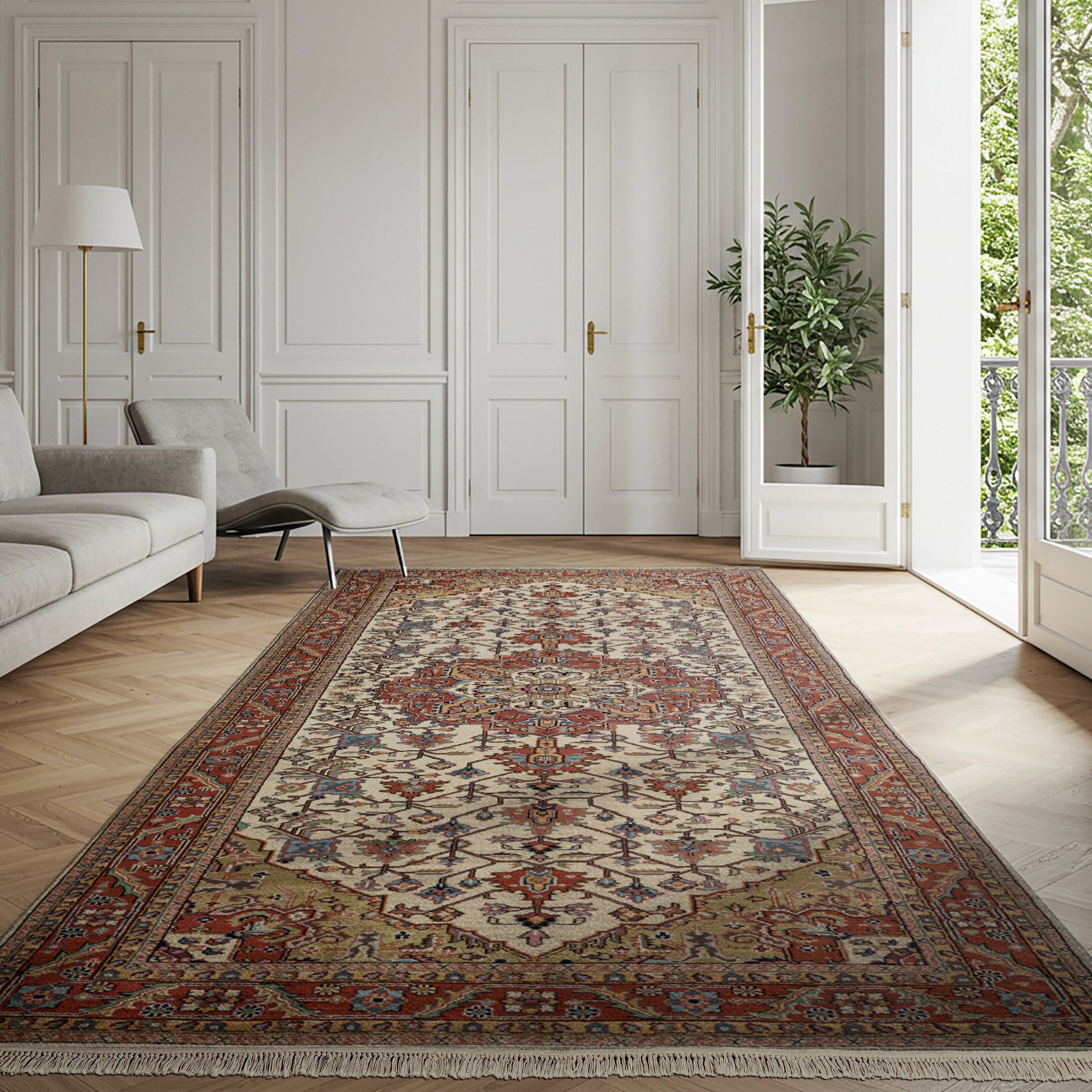 Chatsworth Hand Knotted Rug Collection, Indo Herez Ivory