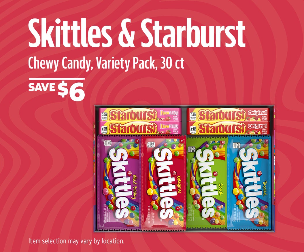 SAVE $6 on Skittles and Starburst Chewy Candy, Variety Pack, 30 ct