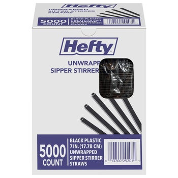 Hefty Unwrapped Plastic Sipper Stirrer Straws, 7", Black, 5000 ct