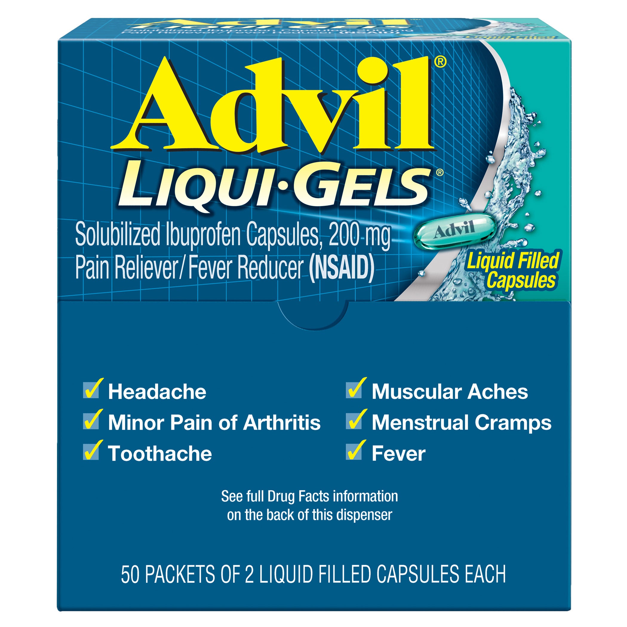 Advil Liqui-Gels Ibuprofen Dispenser Box, 2 Capsules, 50-count