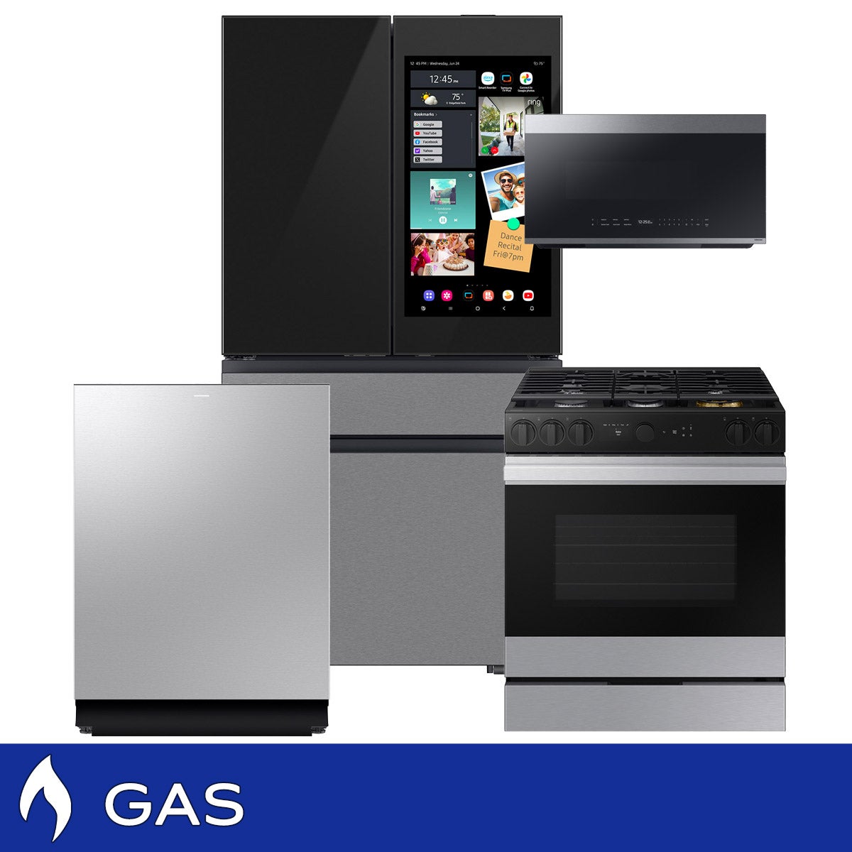 Samsung 4-piece GAS Kitchen Package with Bespoke Counter Depth 4-Door French Door Refrigerator with Family Hub+