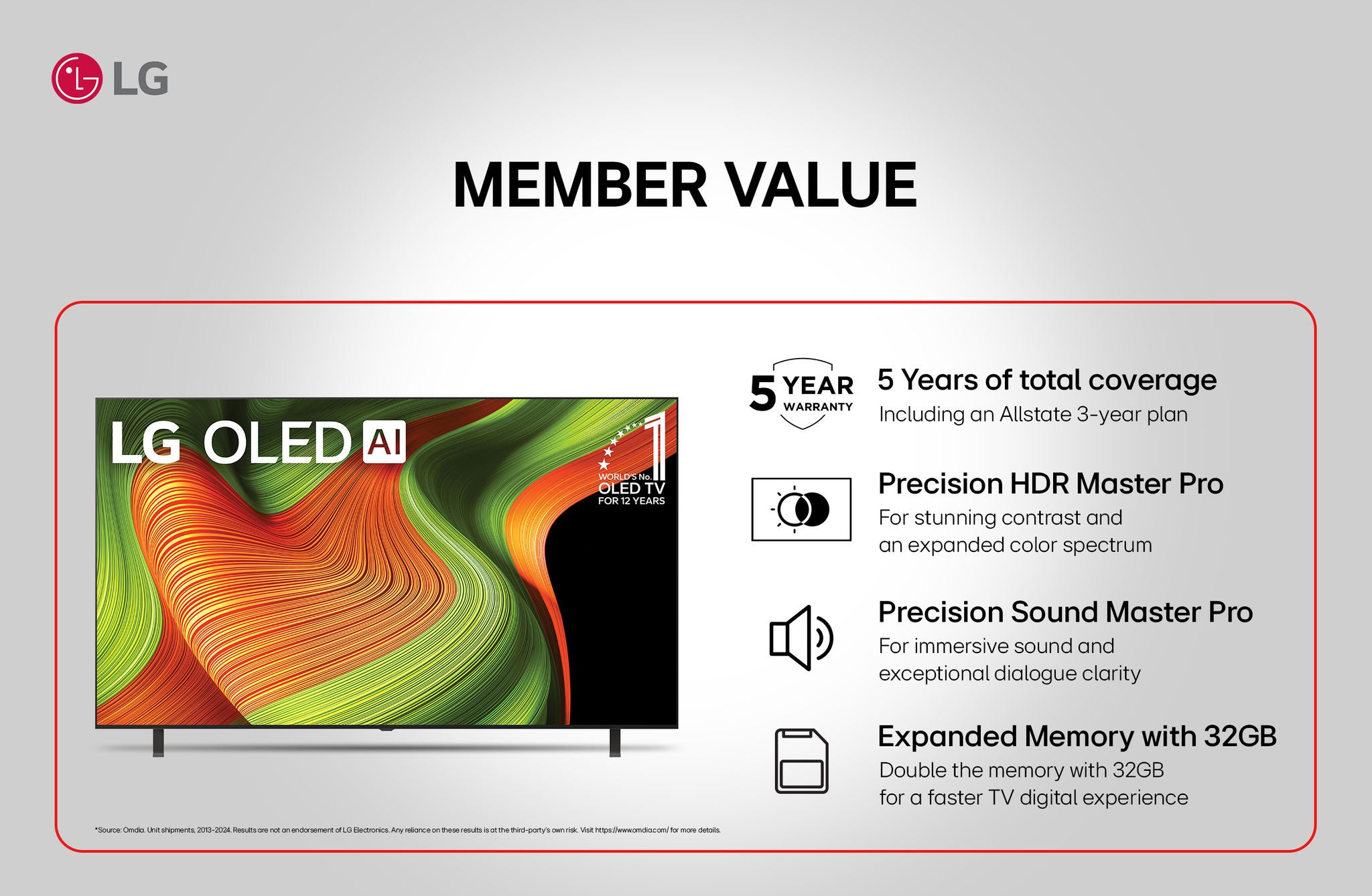 LG UDH AI. LG. MEMBER VALUE. 3 YEAR WARRANTY. 3 Year Manufacturer Warranty. We've got you covered. Precision HDR Master Pro. For stunning contrast and an expanded color spectrum. Precision Sound Master Pro. For immersive sound and exceptional dialogue clarity. Dolby Atmos. Dolby Atmos®. Enhance every scene for the ultimate home theater audio experience. Magic Remote. Point, scroll, click or use voice commands for effortless navigation.