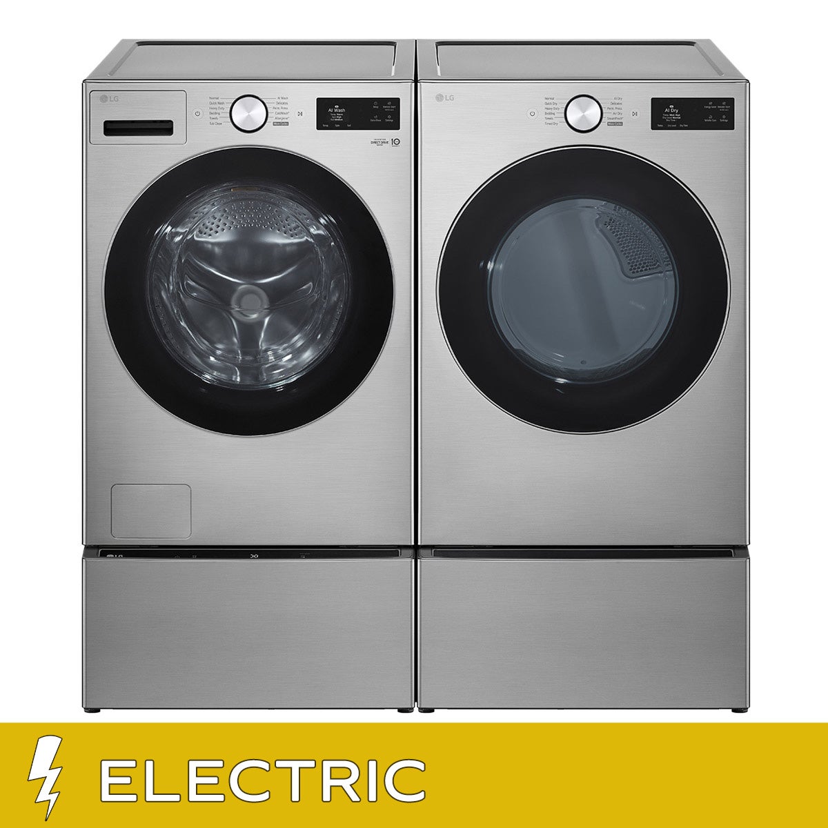 LG 5.0 cu. ft. Mega Capacity Smart Front Load Washer with TurboWash and LG 7.4 cu. ft. Ultra Large Capacity Smart Front Load Electric Dryer with Washer and Storage Pedestal