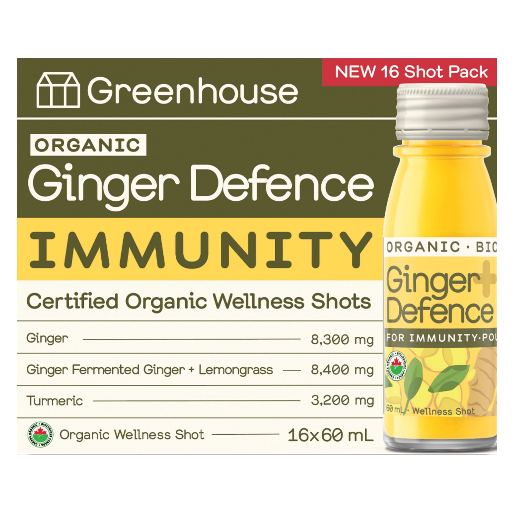 Greenhouse Organic Ginger Defence Immunity Wellness Shots, 16 × 60