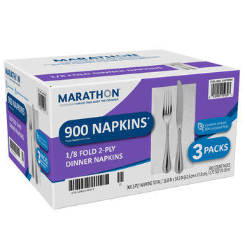 Marathon 1/8 Fold Dinner Napkins, 2-Ply, White, 900 ct