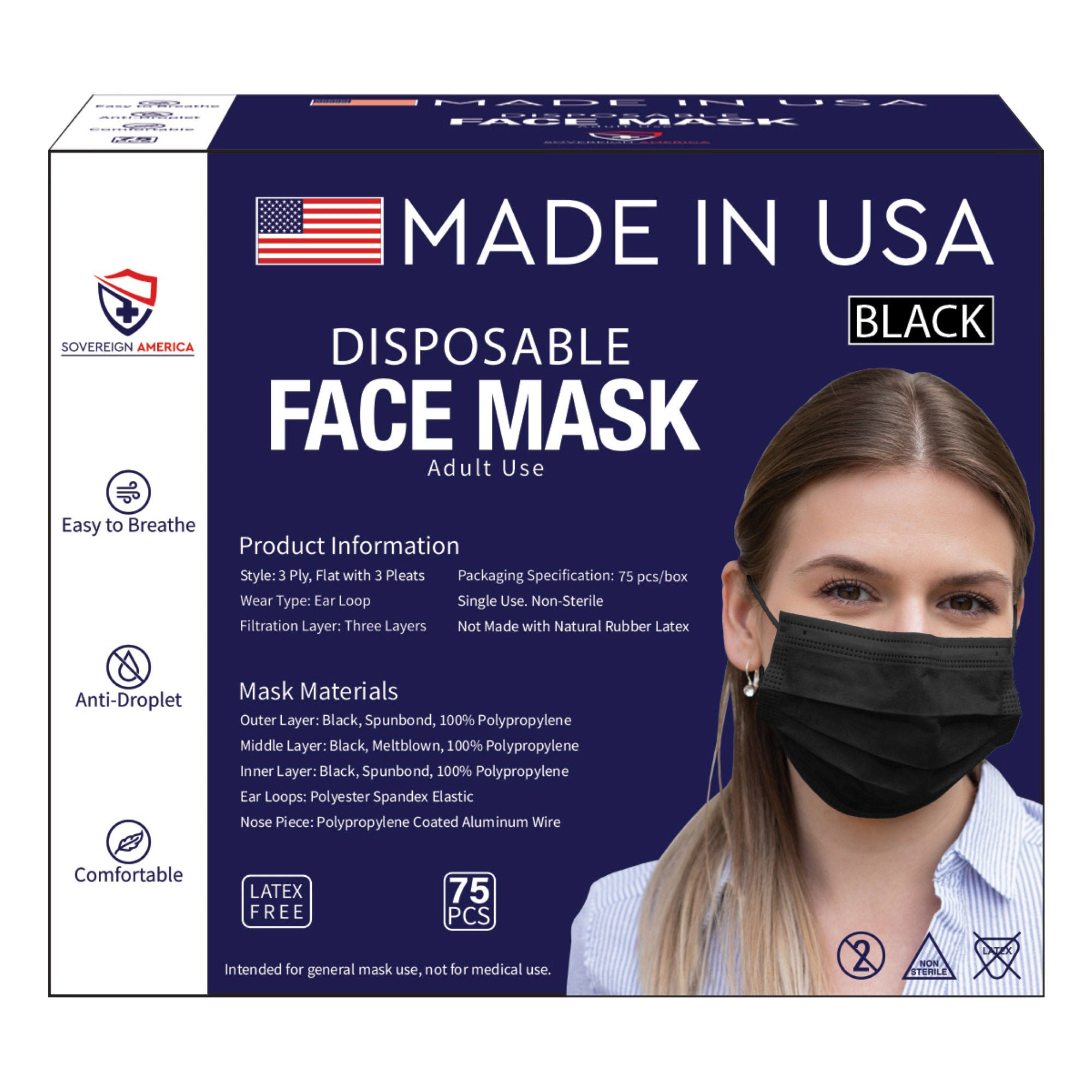 Sovereign America Disposable Face Mask, 75-Count, Black | Costco