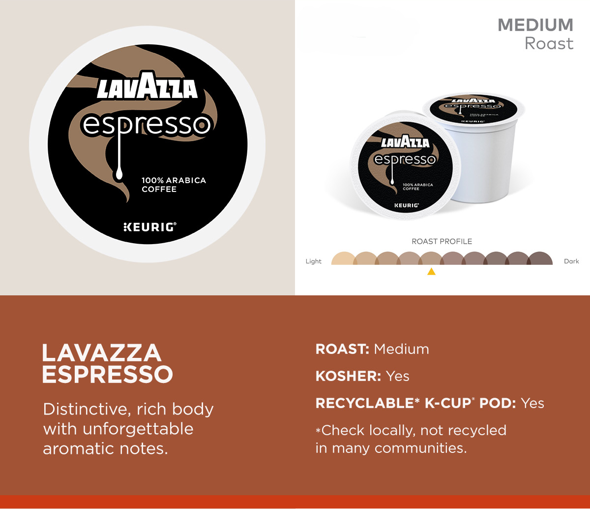 Lavazza Espresso. Distinctive, rich body with unforgettable aromatic notes. Roast: Medium. Kosher: Yes. Recyclable* K-Cup POD: Yes. *Check locally, not recycled in many communities. 