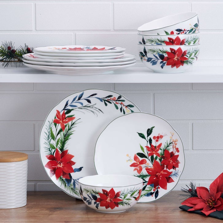  クリスマスポインセチア 食器セット12月15日まで Mikasa Merry Poinsettia 12-piece Bone China Dinnerware Set | Costco