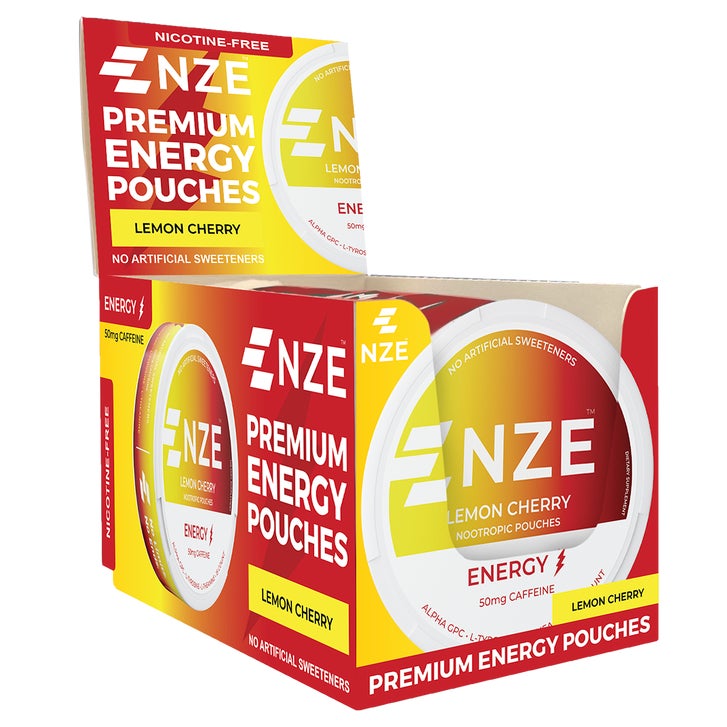 NZE Premium Energy Pouches, Lemon Cherry, 15 pouches per can, 6 ct