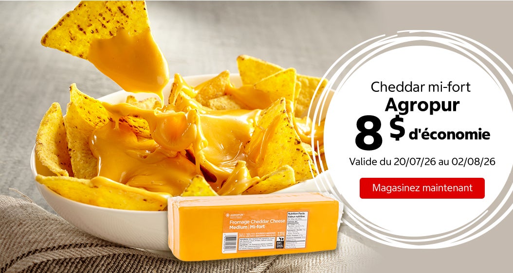 Cheddar mi-fort Agropur 8 $ d'économie. Valide du 20/07/26 au 02/08/26. Magasinez maintenant