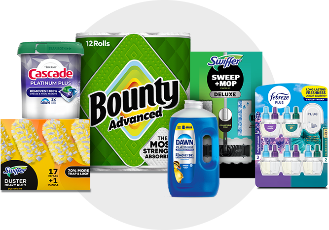 P&G home care cleaning products, including Cascade, Bounty paper towels, Dawn, Swiffer, and Febreze