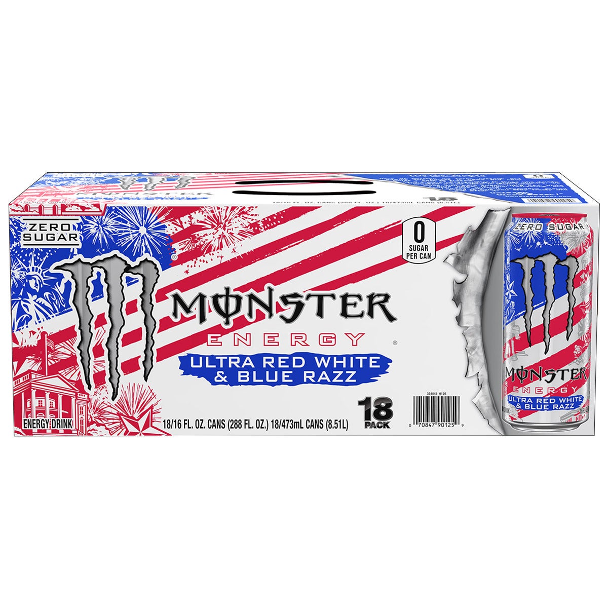 Monster Energy Drink, Ultra Red White and Blue Razz, 16 fl oz, 18-count