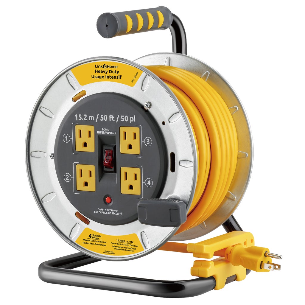 Link2Home Professional Grade Metal Cord Reel 50ft 12AWG Extension