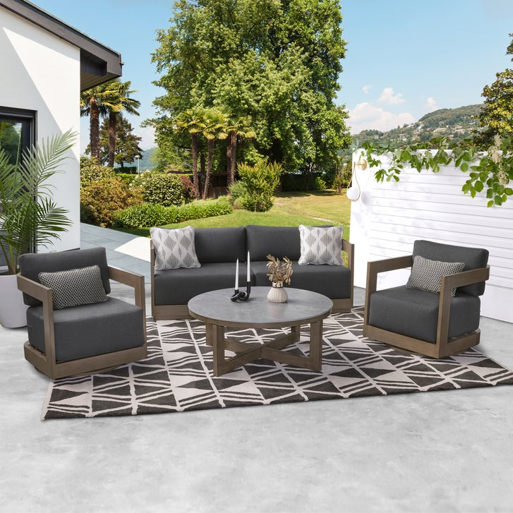 agio international patio furniture costco patio umbrella Napili 5 Piece Fire Pit Chat Set w/ 4 Club Chairs Agio International Fairview Woven Patio