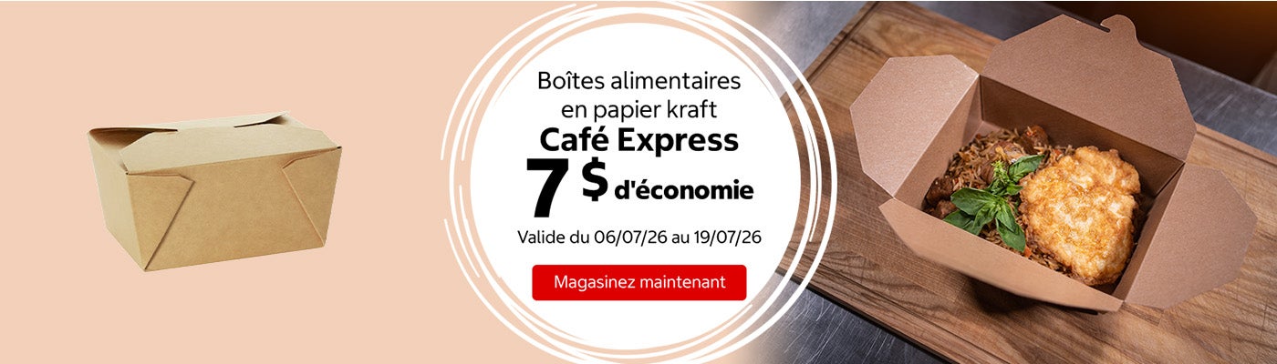 Contenants alimentaires   en papier kraft Café Express 7 $ d'économie. Valide du 06/07/26 au 19/07/26. Magasinez maintenant