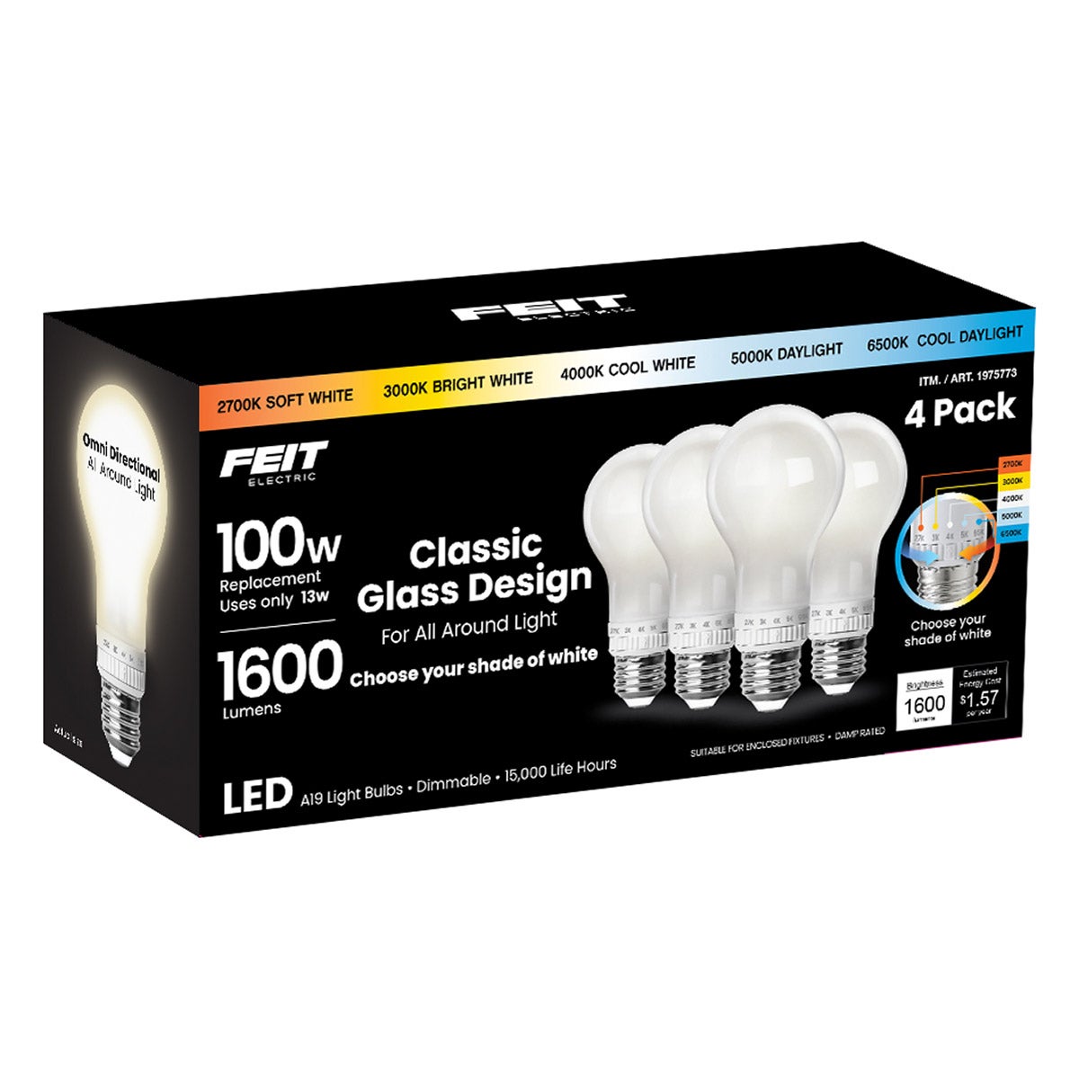 FEIT 100W GLASS LIGHT BULB 4 PACK