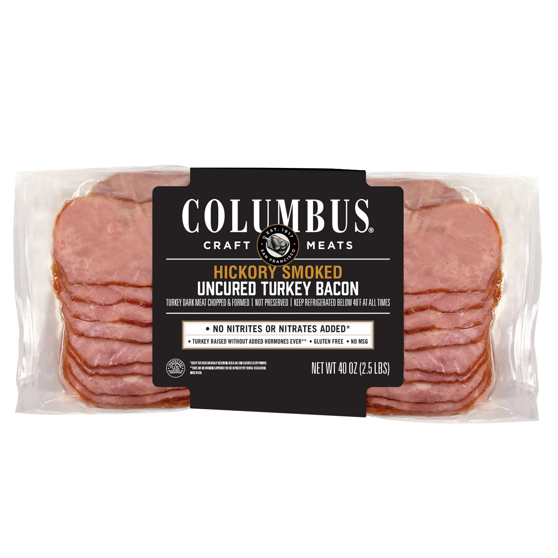 Columbus Uncured Turkey Bacon, Hickory Smoked, Sliced, 2.5 lbs