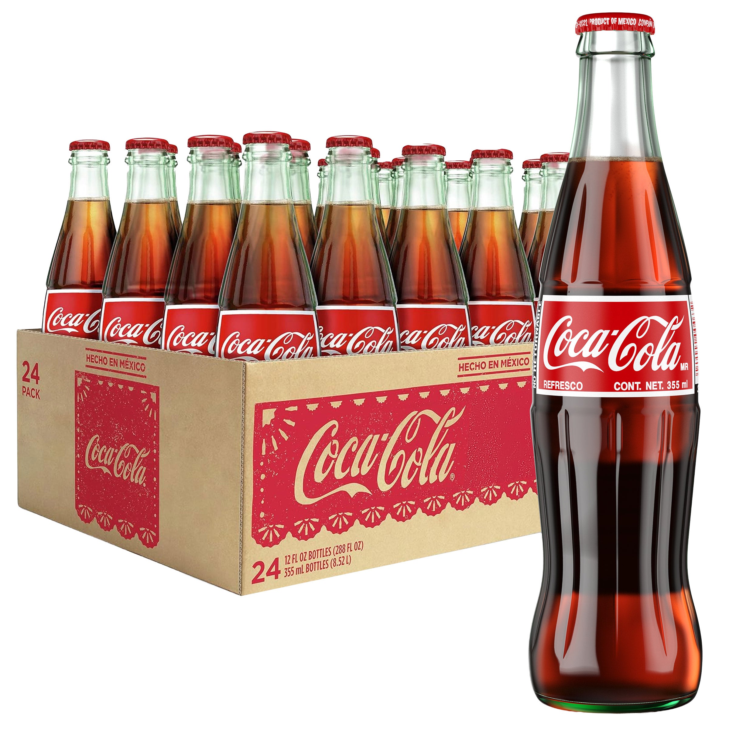 Coca-Cola de Mexico Soda Soft Drink Glass Bottles, 335 mL, 24
