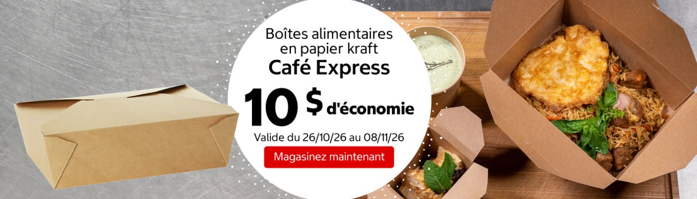 Boîtes alimentaires en papier kraft Café Express 10 $ d'économie. Valide du 26/10/26 au 08/11/26. Magasinez maintenant