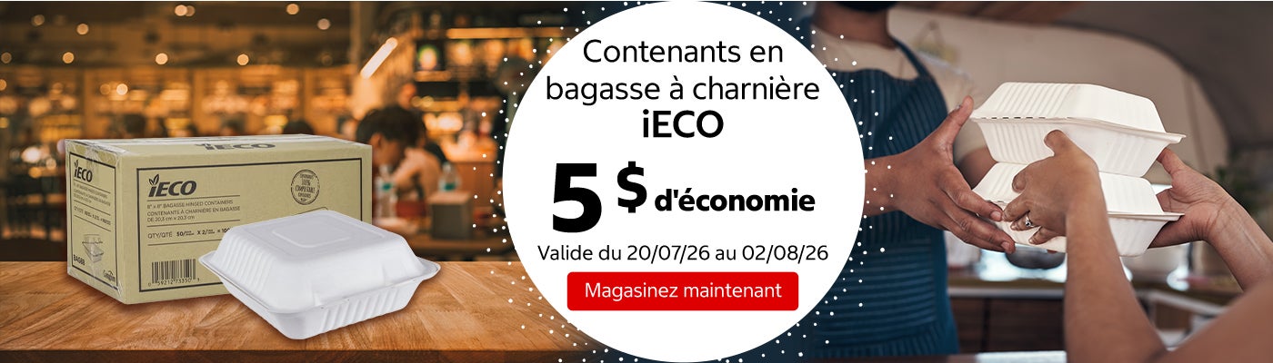 Contenants en bagasse à charnière iECO 5 $ d'économie. Valide du 20/07/26 au 02/08/26. Magasinez maintenant