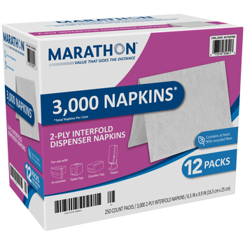 Marathon Interfold Dispenser Napkins, 2-Ply, White, 3000 ct