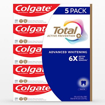 Colgate Total Active Prevention Plus Advanced Whitening Toothpaste, 6.4 oz, 5-Pack