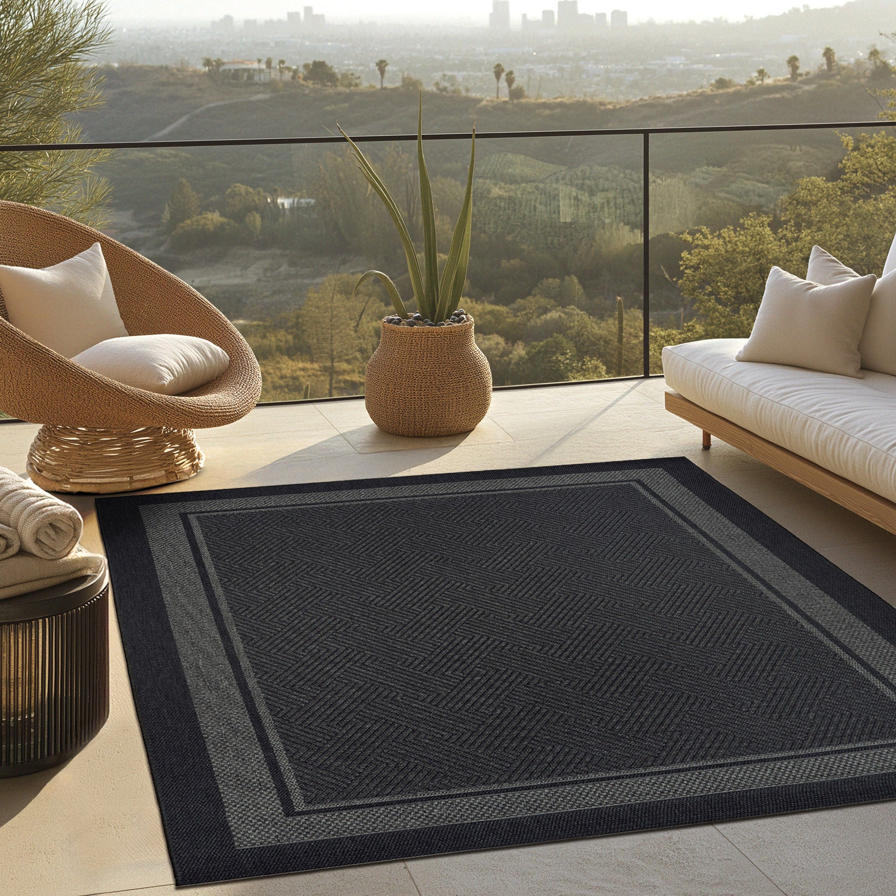 Ravenna Indoor/Outdoor Rug, Geo Border Charcoal | Costco