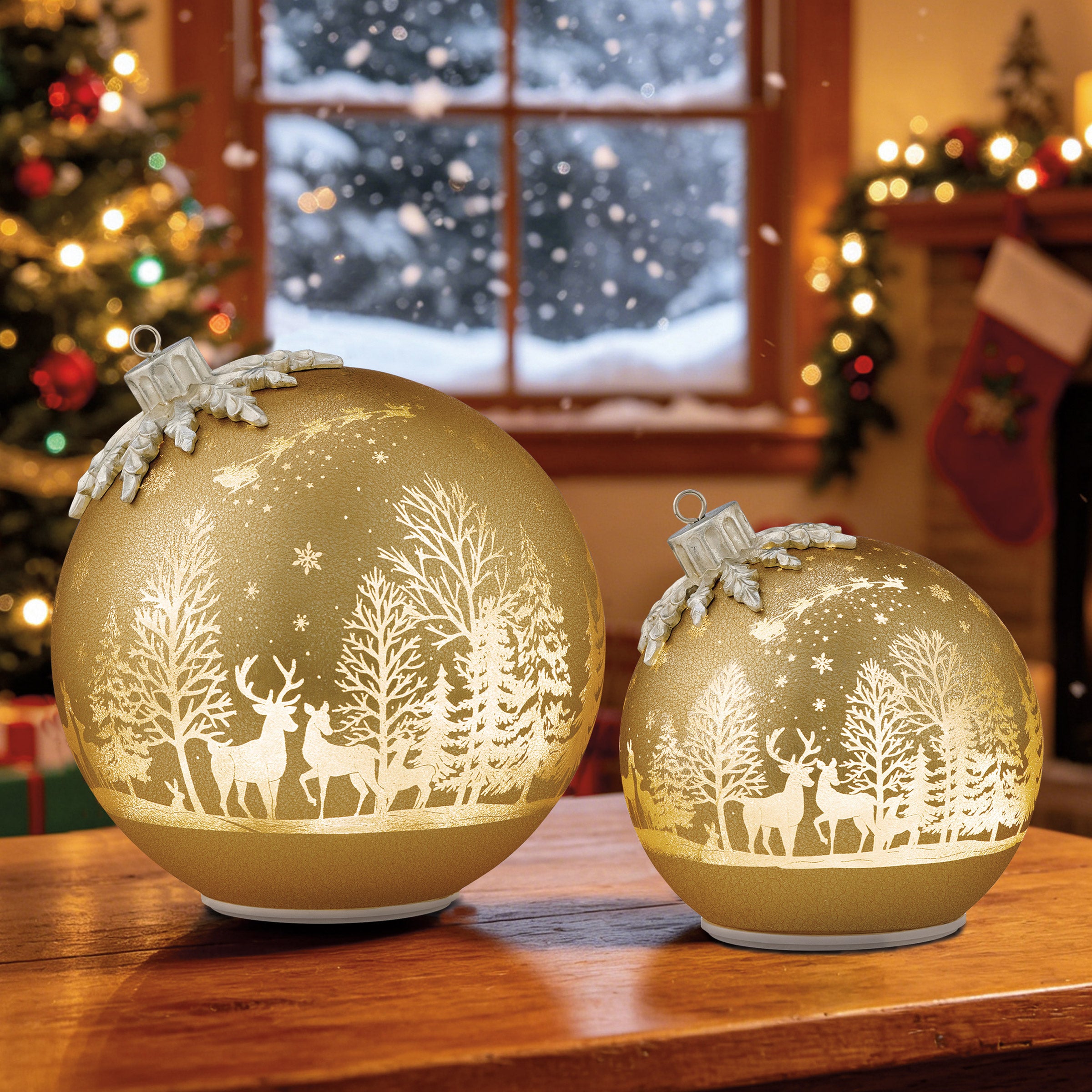 6.5-inch & 8.5-inch Rotating Glass Ornament Decor with LED Lights, Set of 2