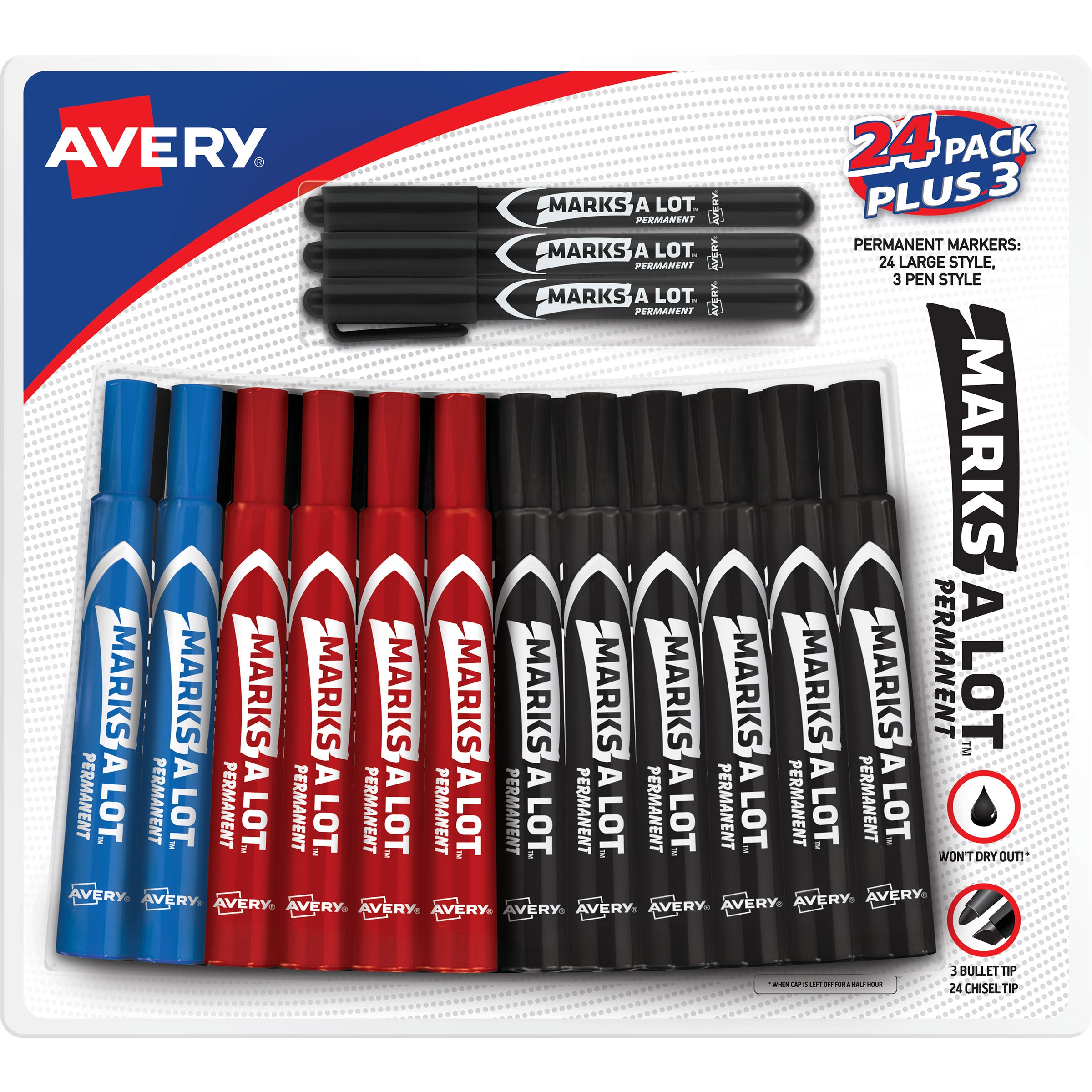 Avery Marks-A-Lot Permanent Marker, Chisel Tip, Assorted Colors, 27-count