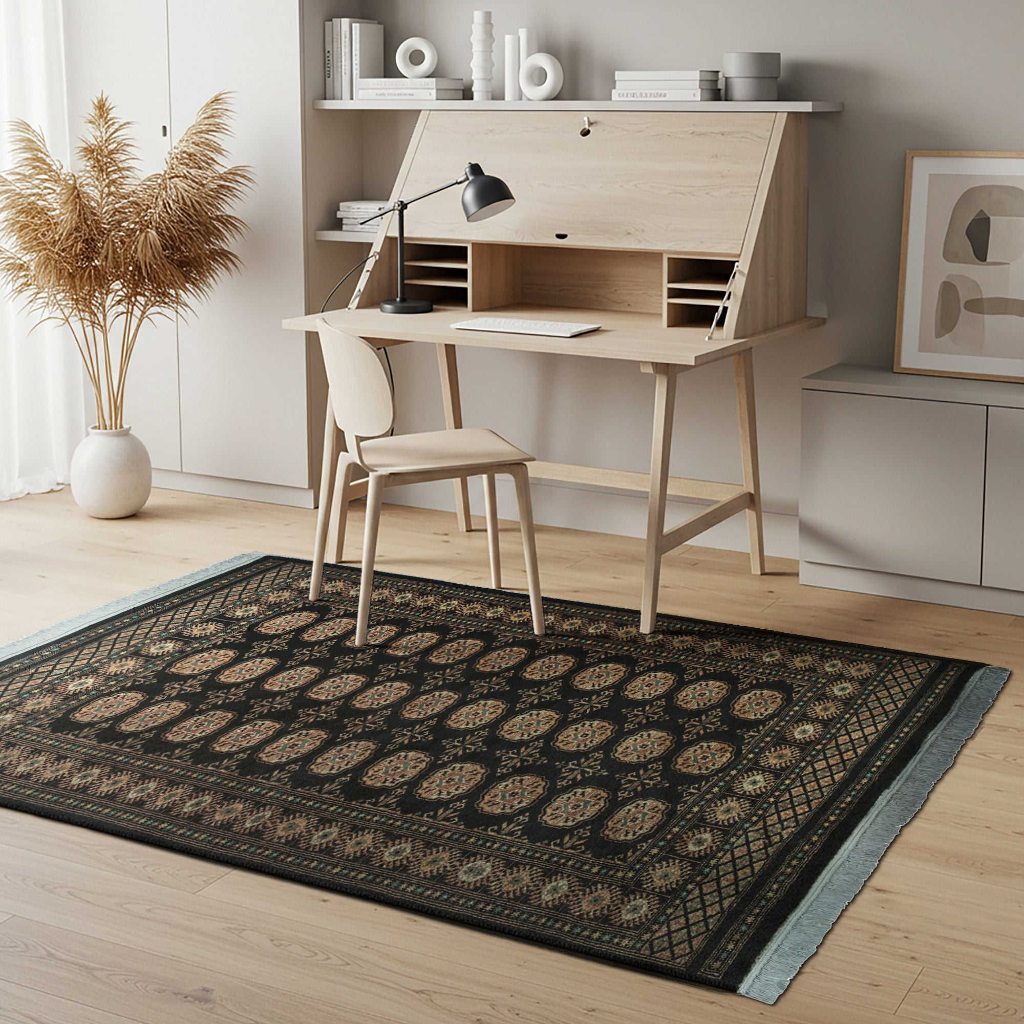 Pakistani Hand Knotted Rug Collection, Classic Bukhara Alcaraz Black