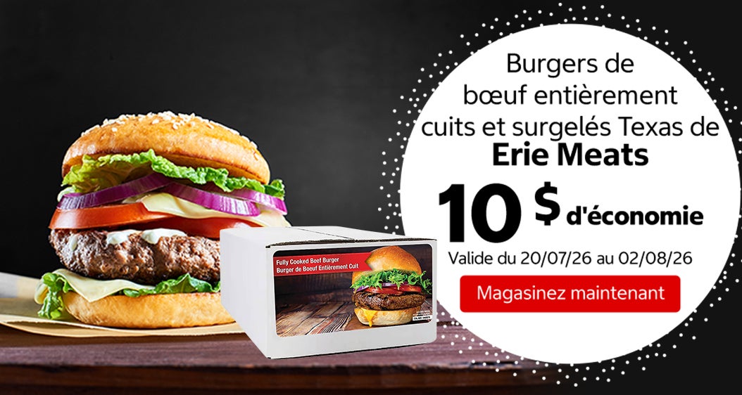 Burgers de bœuf entièrement cuits et surgelés Texas de Erie Meats 10 $ d'économie. Valide du 20/07/26 au 02/08/26. Magasinez maintenant