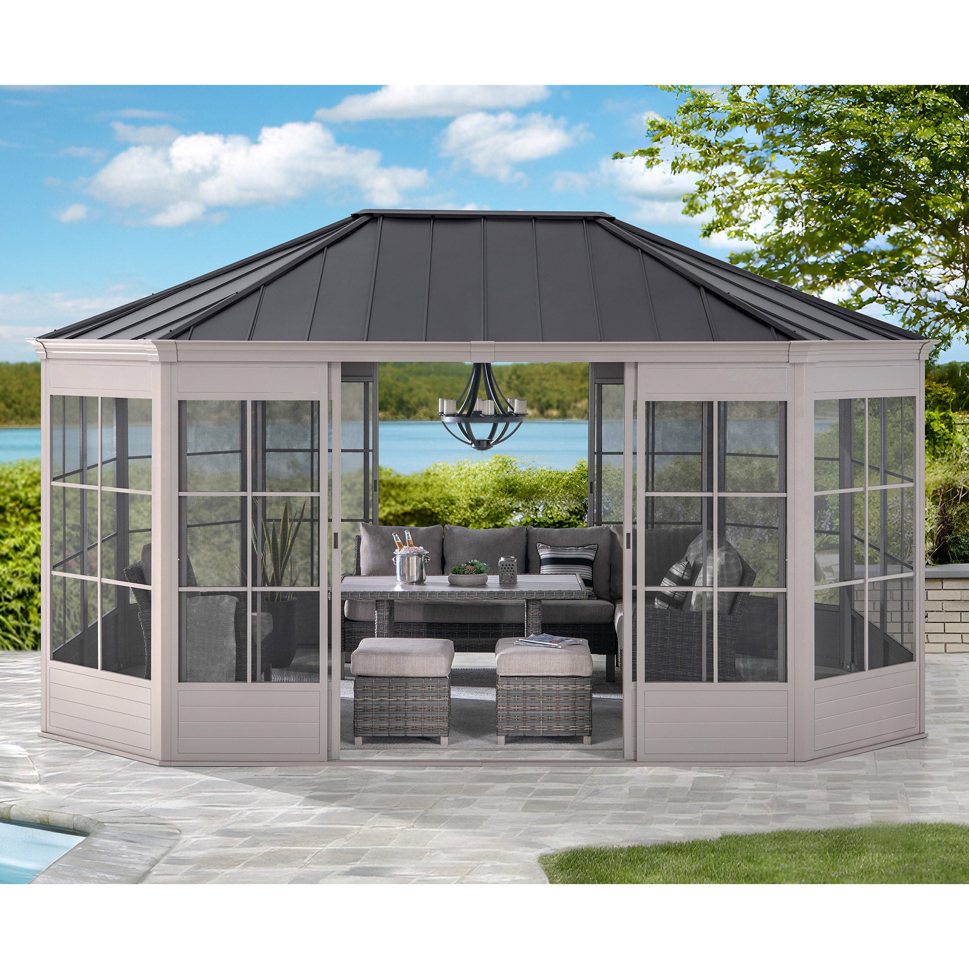 Sunjoy 12' x 16' Cape Blue Hardtop Screenhouse | Costco