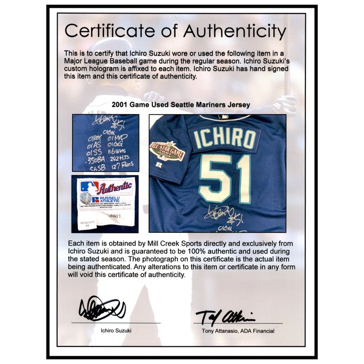 Ichiro Suzuki Autographed Seattle Mariners Game Used 2001 Rookie