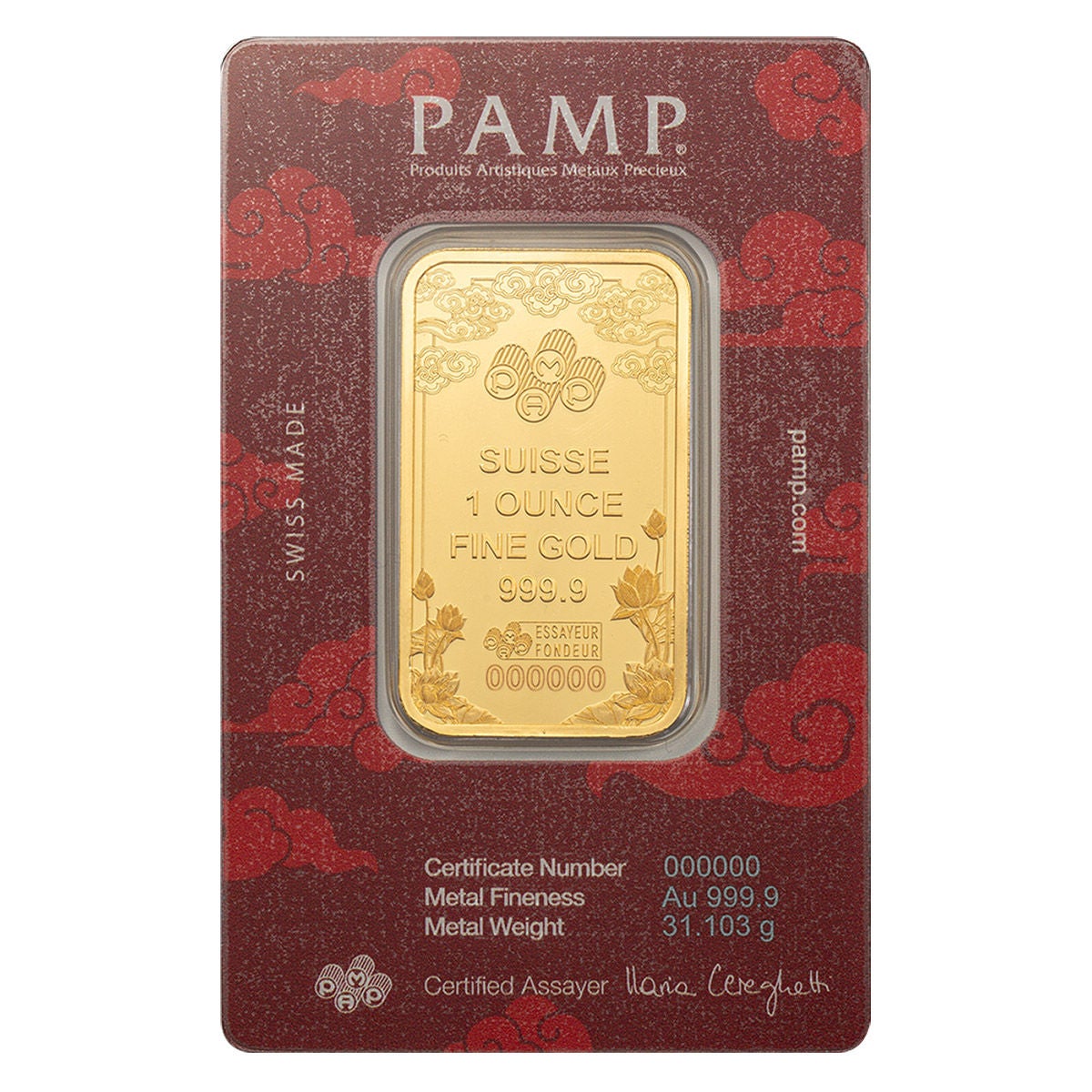 1 oz Gold Bar PAMP Suisse Good Luck Yellow Dragon (New in Assay