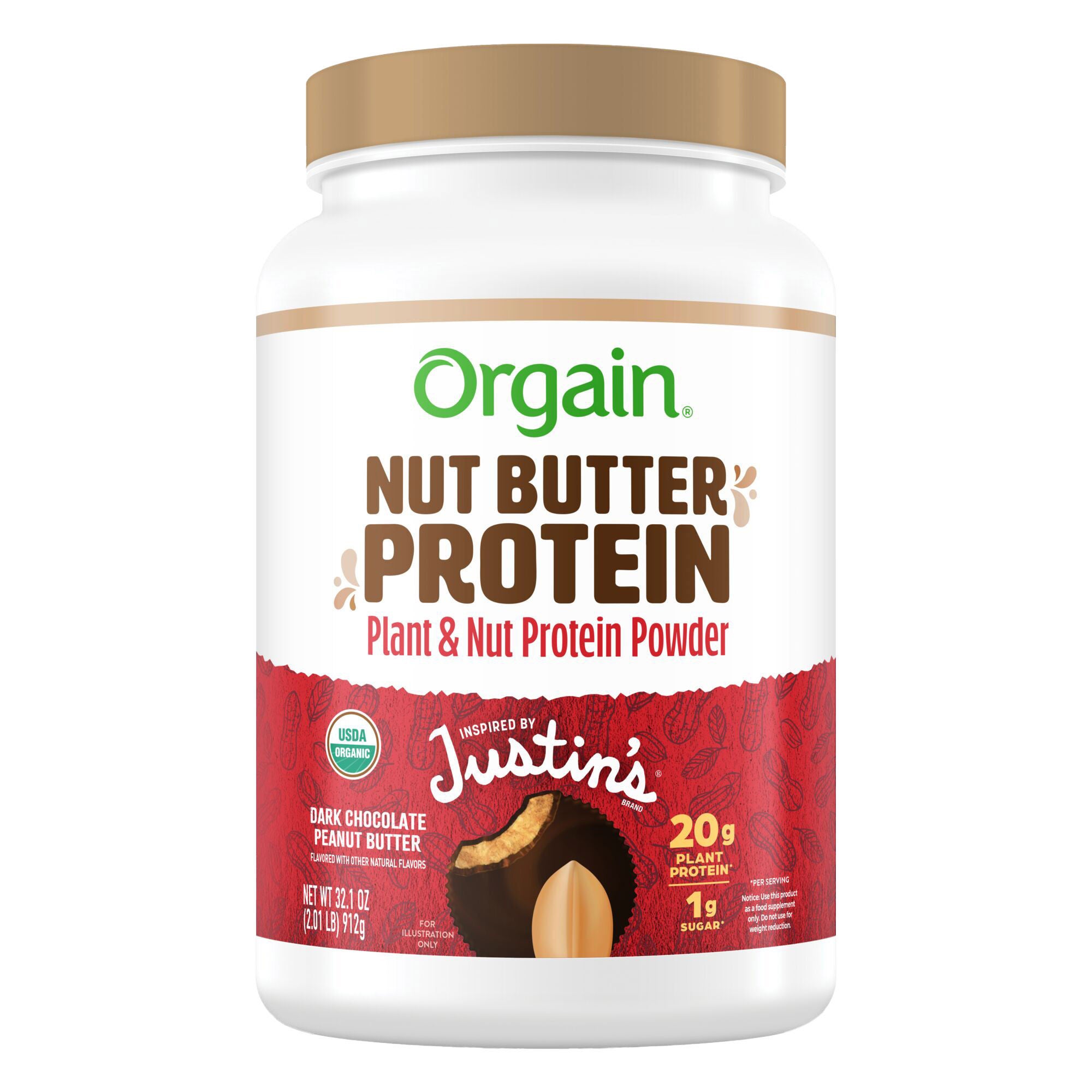 Orgain and Justin's Nut Butter Protein Powder, Dark Chocolate Peanut Butter, 2.01 lbs