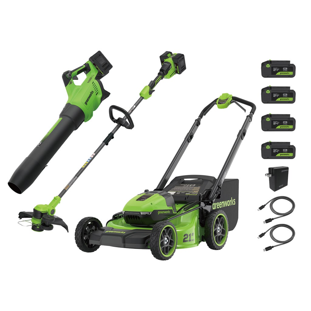 Greenworks 2x24V Mower, Trimmer, Blower Combo Kit with (4) 4ah