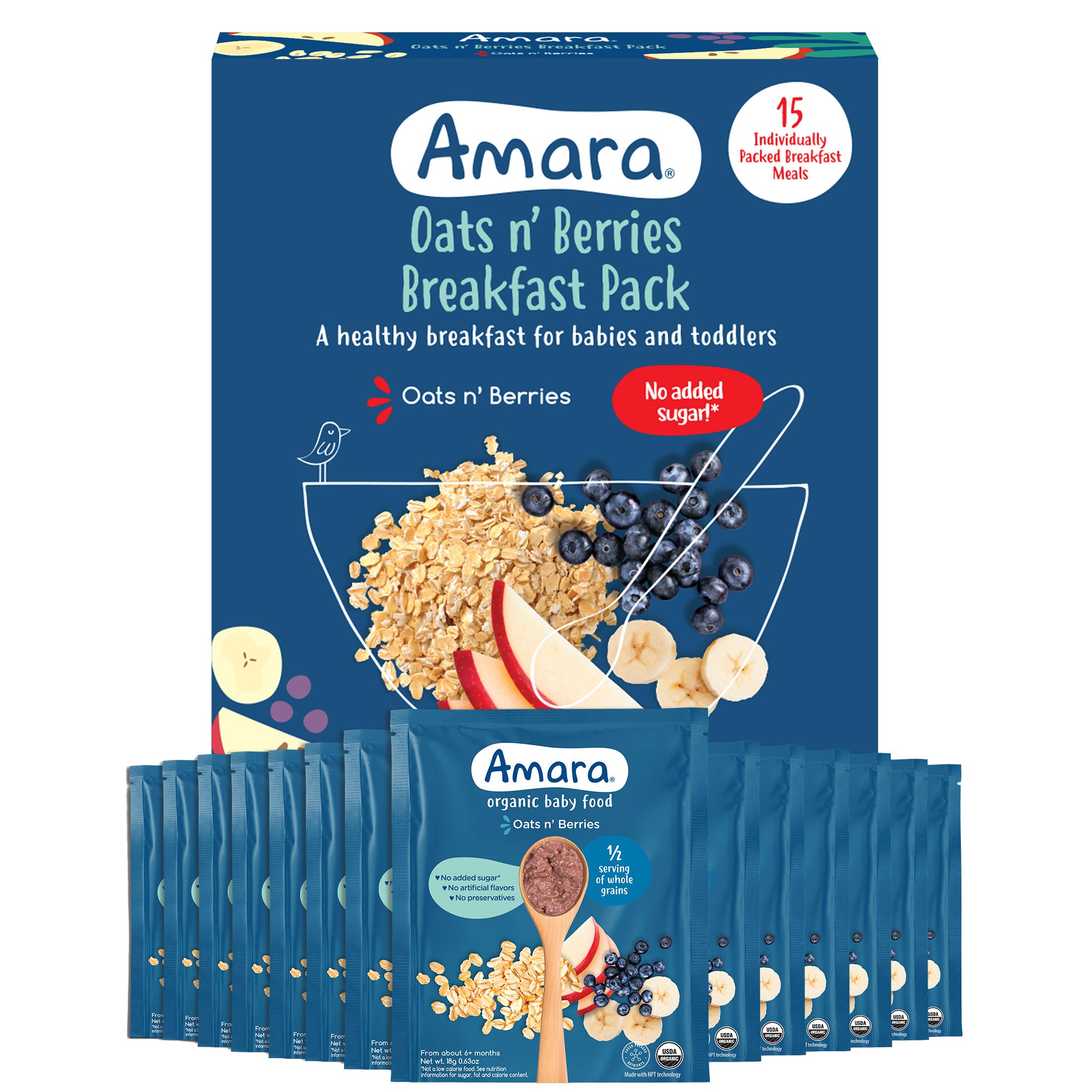Amara Baby and Toddler Protein Packed Breakfast Cereal Oats and Berries, 15 Meals