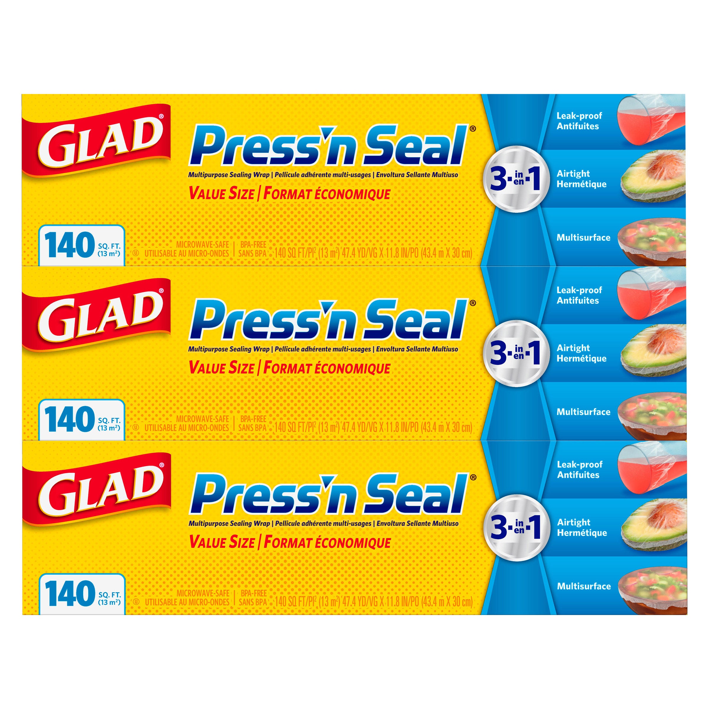 Glad Press'n Seal Plastic Wrap, 140 sq ft, 3-count | Costco